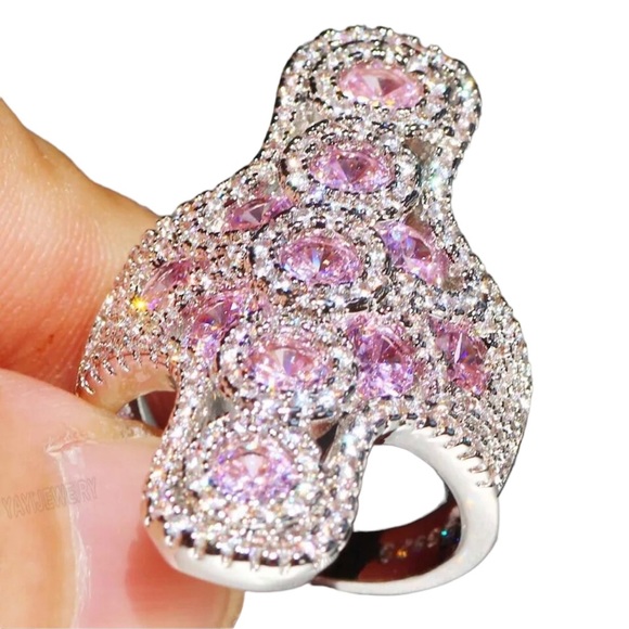 925 Silver Pink Cross Zircon Statement Ring - Picture 1 of 11